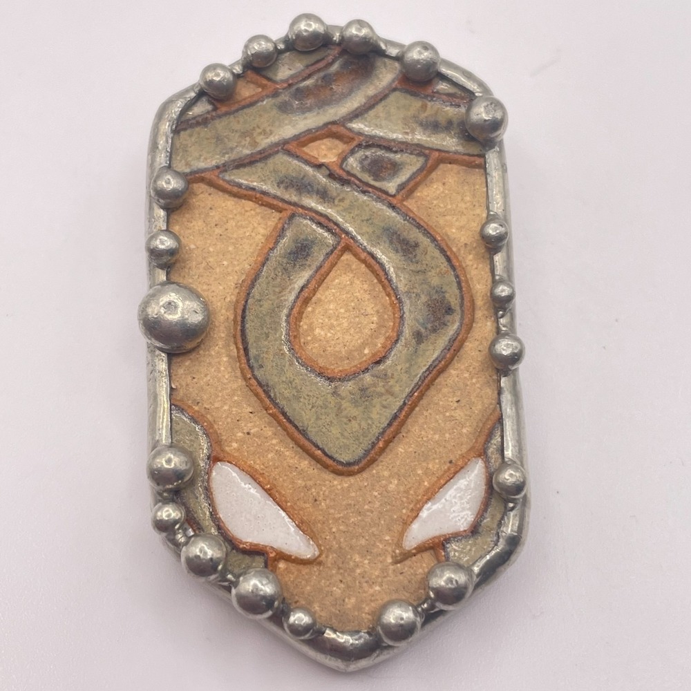 Vintage Artisan Ceramic Pottery Brooch Pendant Combo Brutalist Silver Tone Pin
